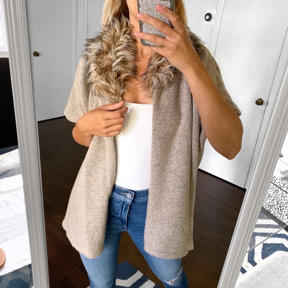 🍂 LOVE YOUR CLOTHES FAUX FUR OATMEAL KNIT PONCHO  CARDIGAN SWEATER! - Picture 5 of 11